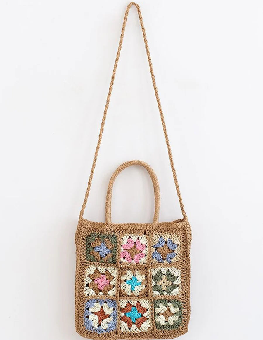 BOLSO DE RAFIA CON DISEÑO A CROCHET MULTICOLOR