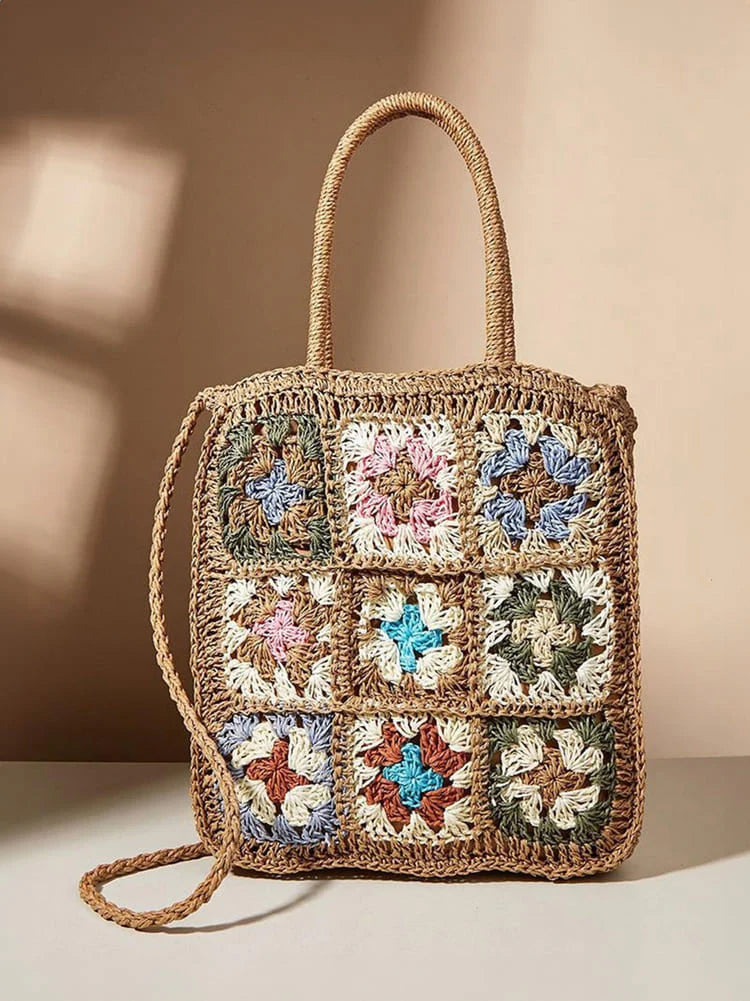 BOLSO DE RAFIA CON DISEÑO A CROCHET MULTICOLOR