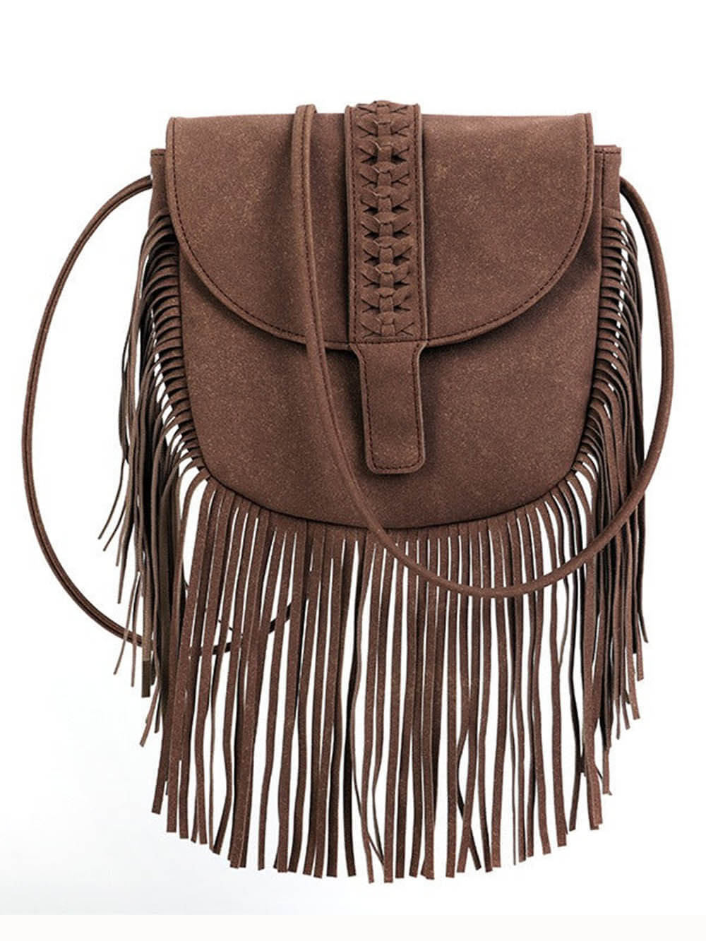 BOLSO BANDOLERA DE CUERO SEMICIRCULAR CON BORLAS