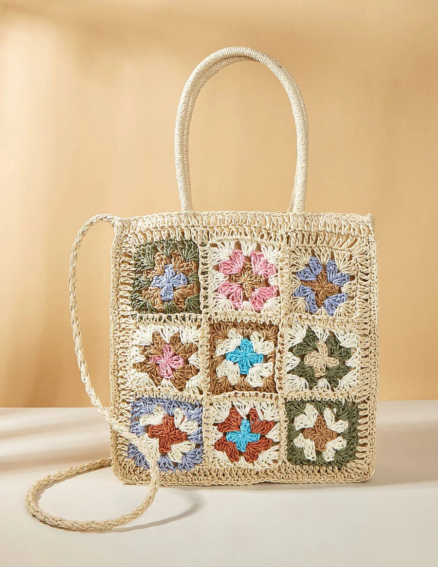 BOLSO DE RAFIA CON DISEÑO A CROCHET MULTICOLOR
