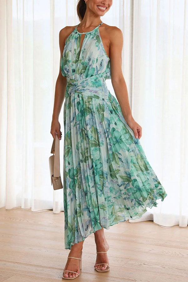 LUCREZIA - VESTIDO MIDI CON PLIEGUES Y ESCOTE CALADO FLORAL ELEGANTE