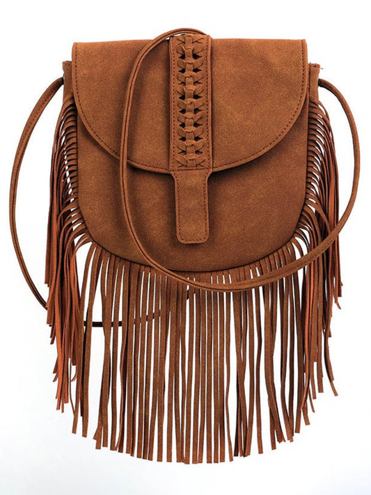 BOLSO BANDOLERA DE CUERO SEMICIRCULAR CON BORLAS