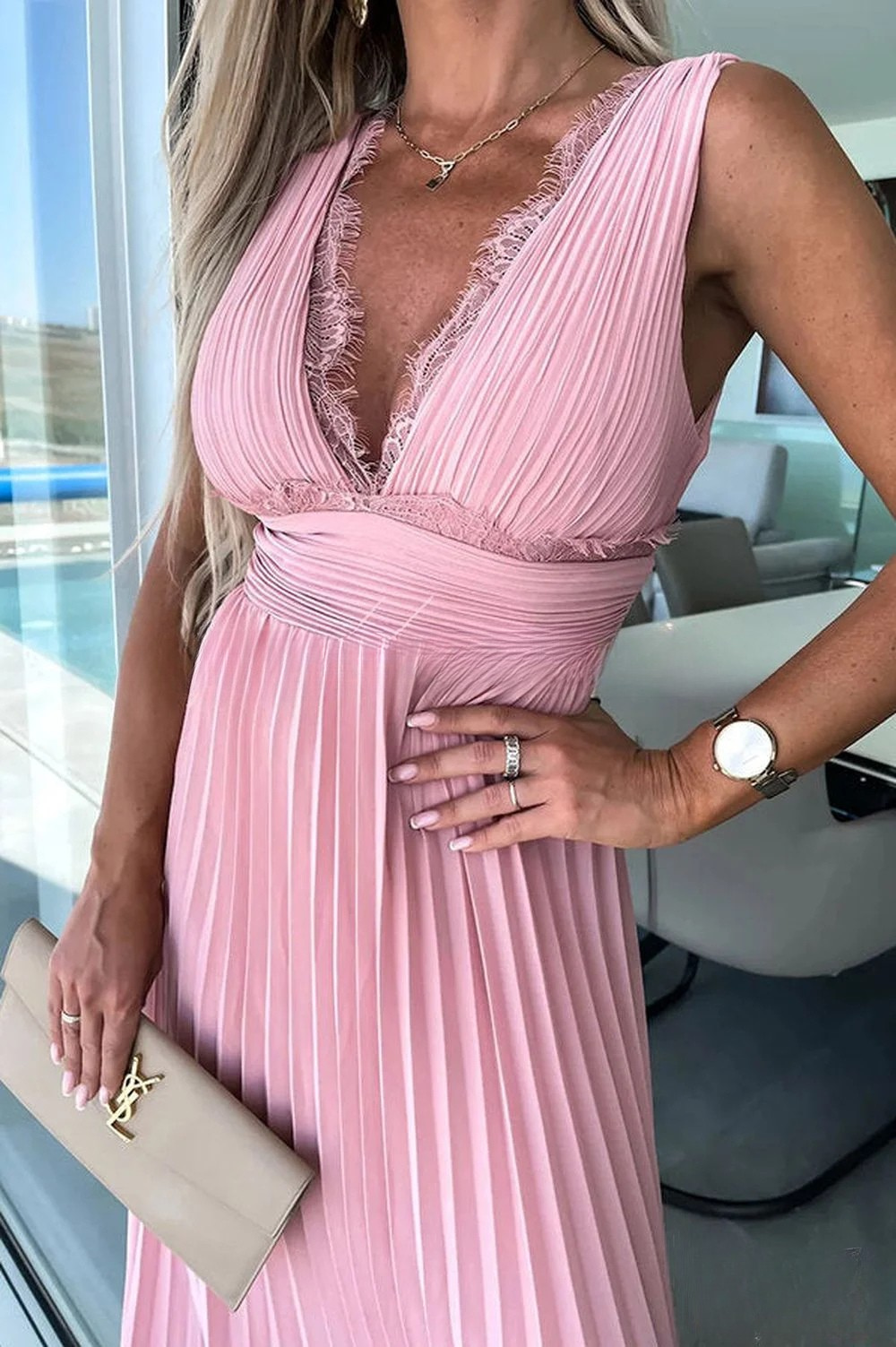 NIEVES - LONG DRESS WITH PLEATED LACE