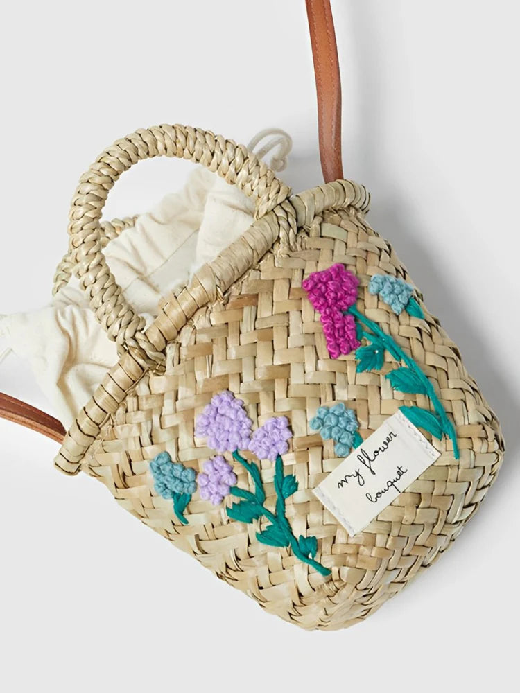 BOLSO DE PAJA CON BORDADO FLORAL "MY FLOWER BOUQUET"