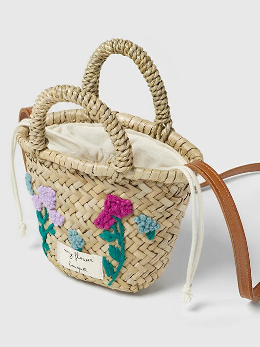 BOLSO DE PAJA CON BORDADO FLORAL "MY FLOWER BOUQUET"