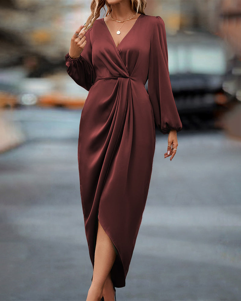 SIDNEY - VESTIDO SOFISTICADO CON ESCOTE EN V Y MANGAS LARGAS DE ESTILO FAROL