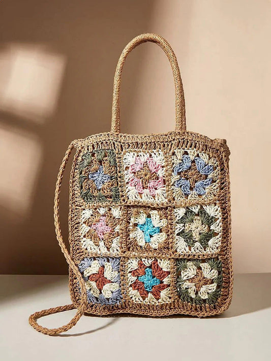 BOLSO DE RAFIA CON DISEÑO A CROCHET MULTICOLOR