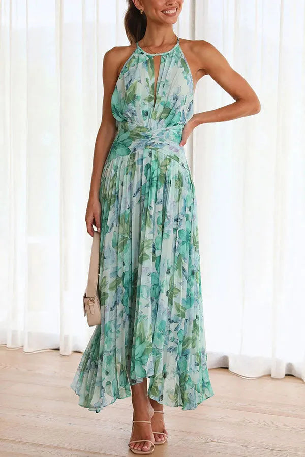 LUCREZIA - VESTIDO MIDI CON PLIEGUES Y ESCOTE CALADO FLORAL ELEGANTE