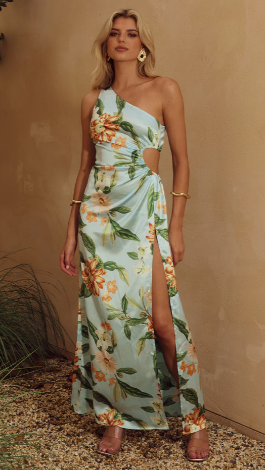 OLGA - VESTIDO LARGO CON UN SOLO HOMBRO Y ESTAMPADO FLORAL