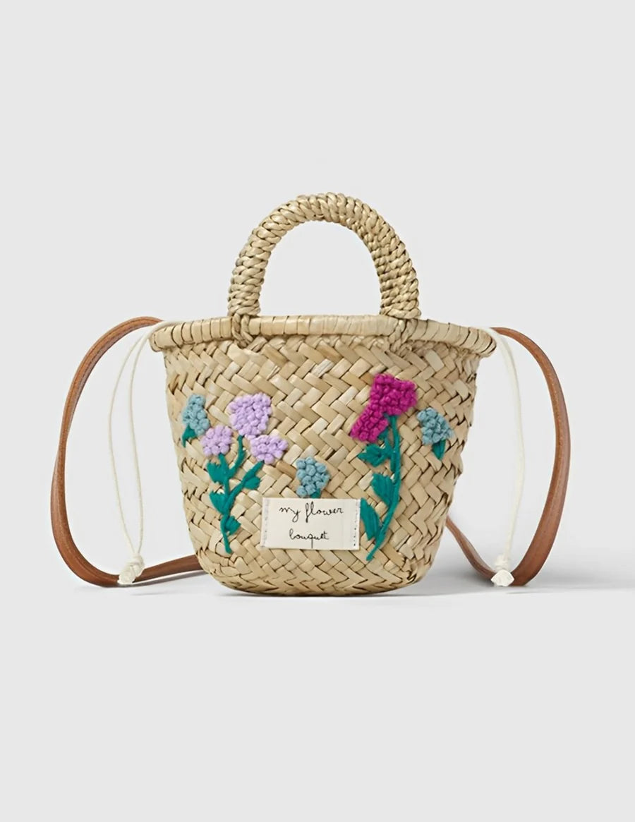 BOLSO DE PAJA CON BORDADO FLORAL "MY FLOWER BOUQUET"