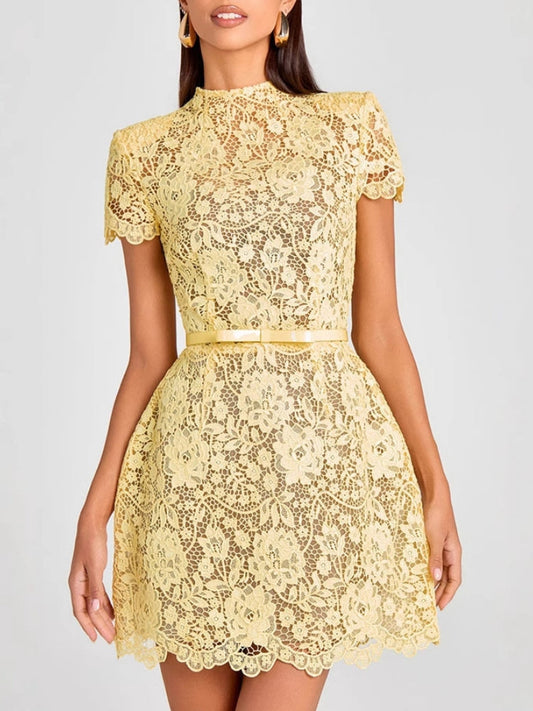 ALDANA -  MINIVESTIDO DE ENCAJE BORDADO CON TRANSPARENCIAS