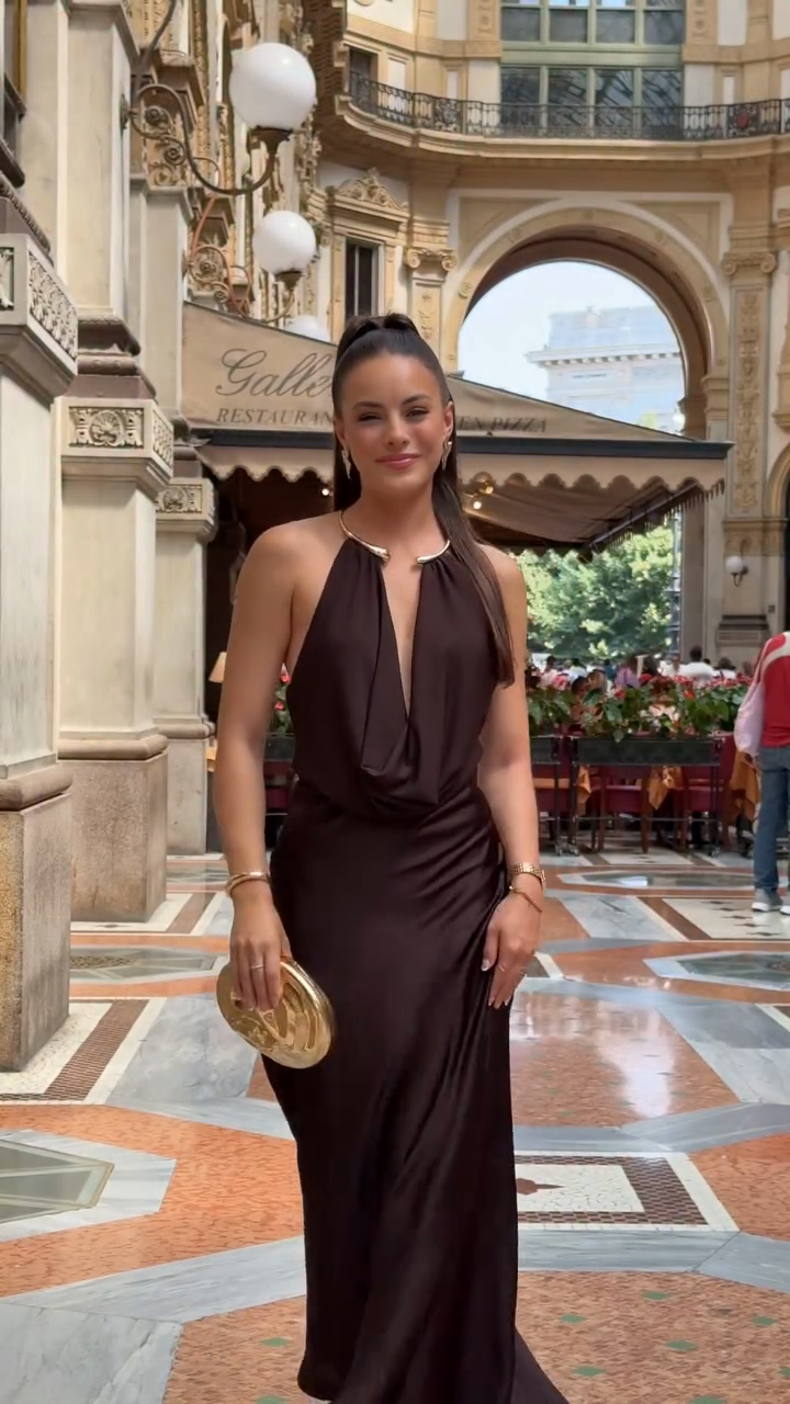 Chocolate Brown Satin Halter Maxi Dress